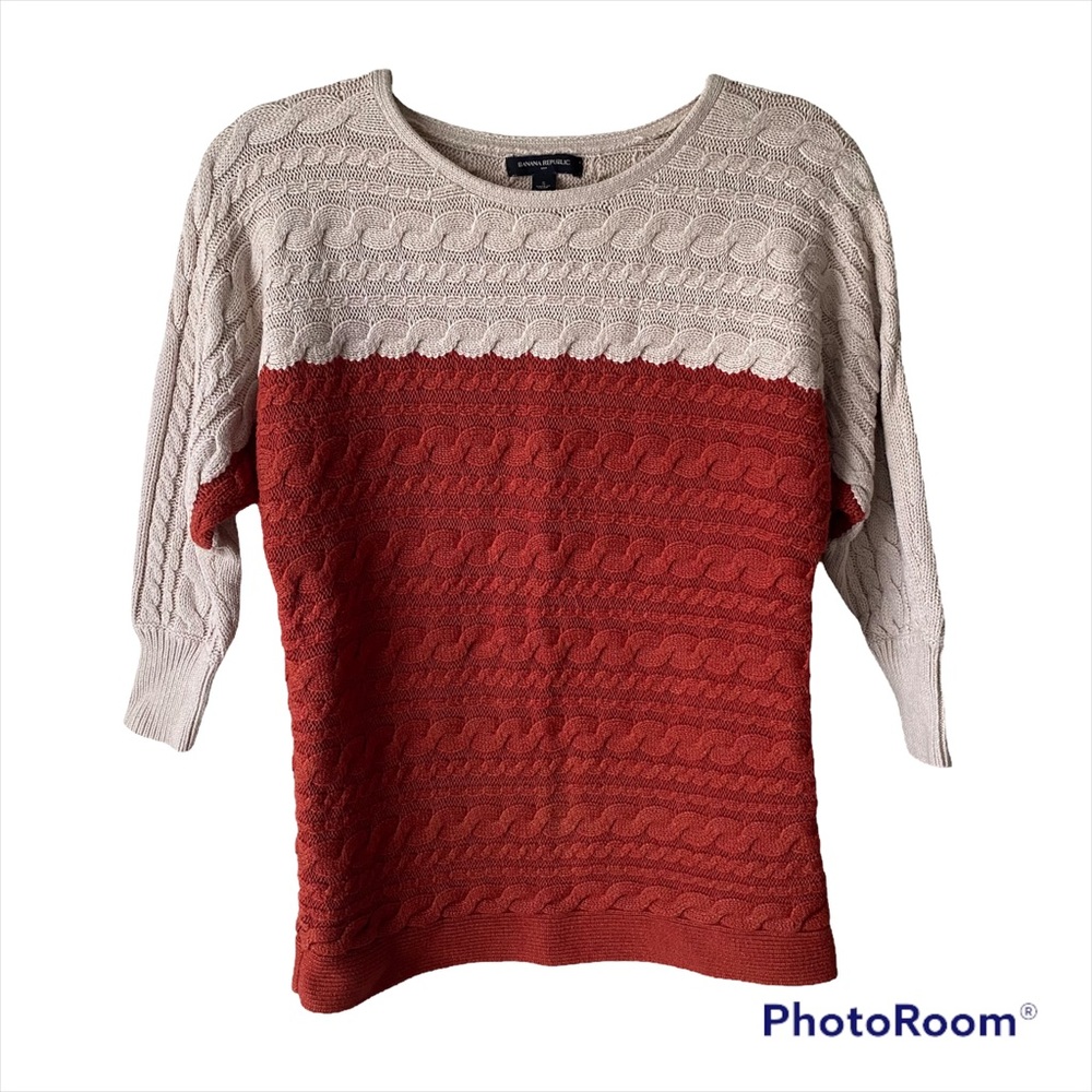 Banana Republic Cable Knit Orange Rust Cream Dolman Sleeve Sweater Small